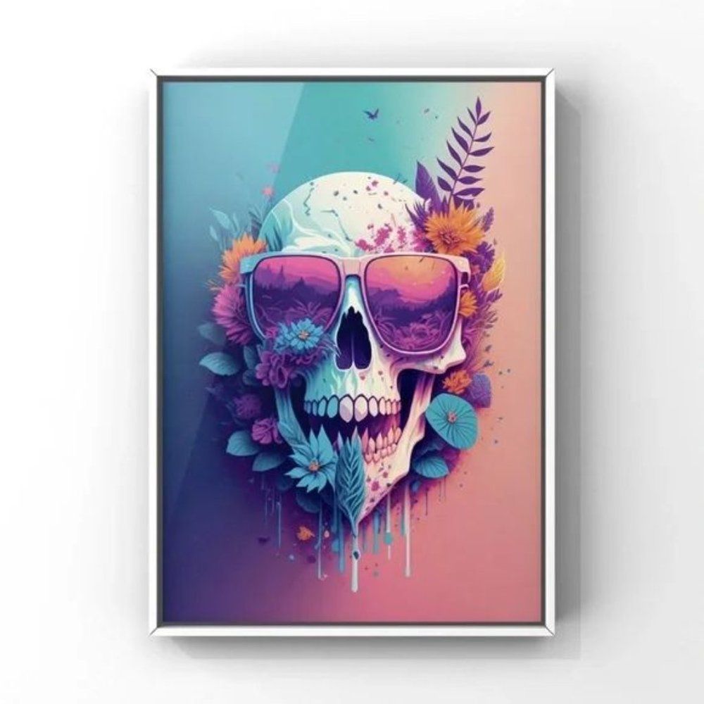 Modern home decor wall art Skull with flowers and sunglasses Art Print